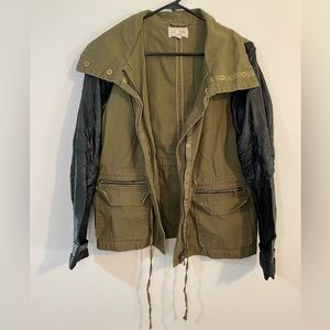 J.J. Winter Green Canvas Jacket with Black Leather Sleeves